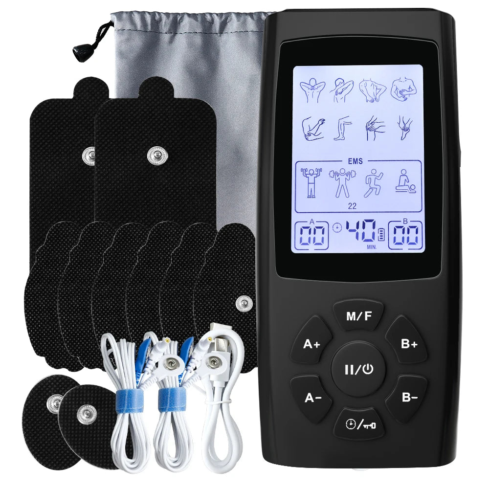 TENS EMS Muscle Stimulator R-440 with LCD display, electrode pads, cables, and carry pouch for pain relief and recovery